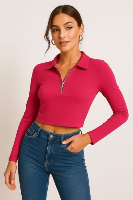 Veedress Solid 2×2 Rib Polyester-Cotton Collar Half-Zip Croptop | Full Sleeve