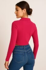 Veedress Solid 2×2 Rib Polyester-Cotton Collar Half-Zip Croptop | Full Sleeve - Image 2
