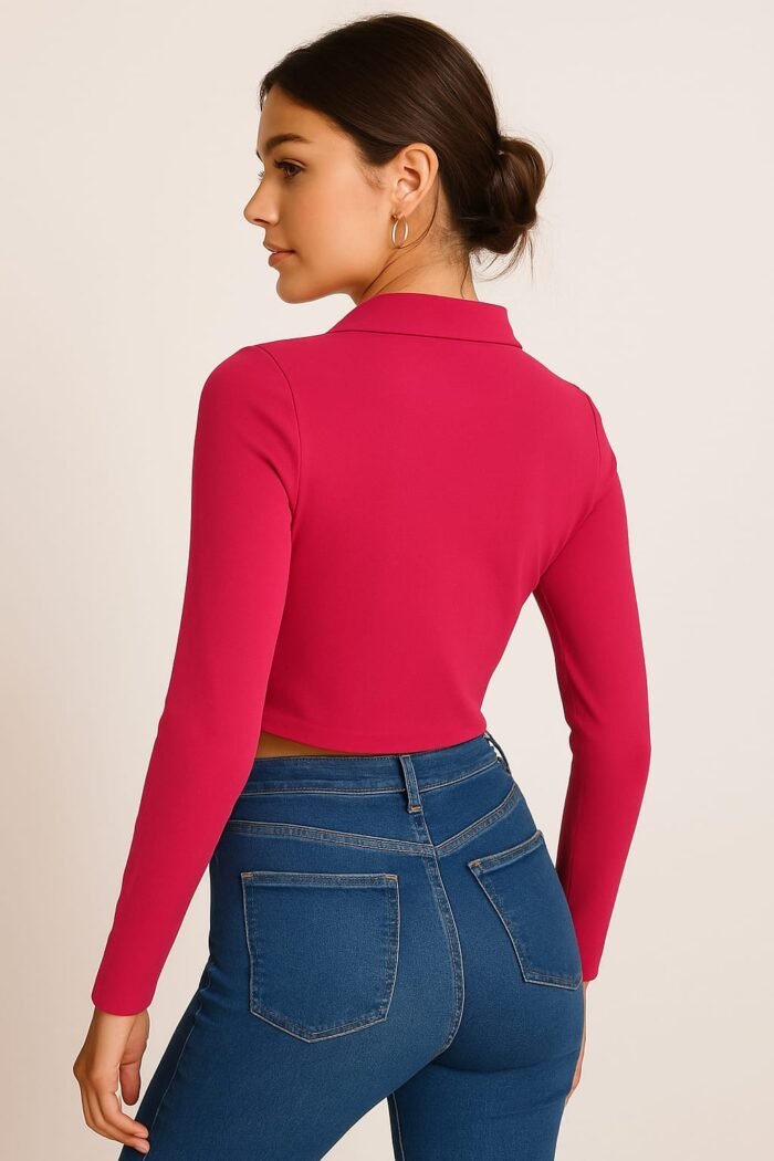 Veedress Solid 2×2 Rib Polyester-Cotton Collar Half-Zip Croptop | Full Sleeve - Image 2