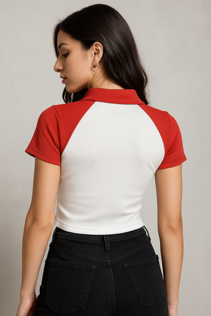 Women’s Contrast collor t-shirt  Polo Neck Croptop – Trendy Short Sleeve Crop Top - Image 2