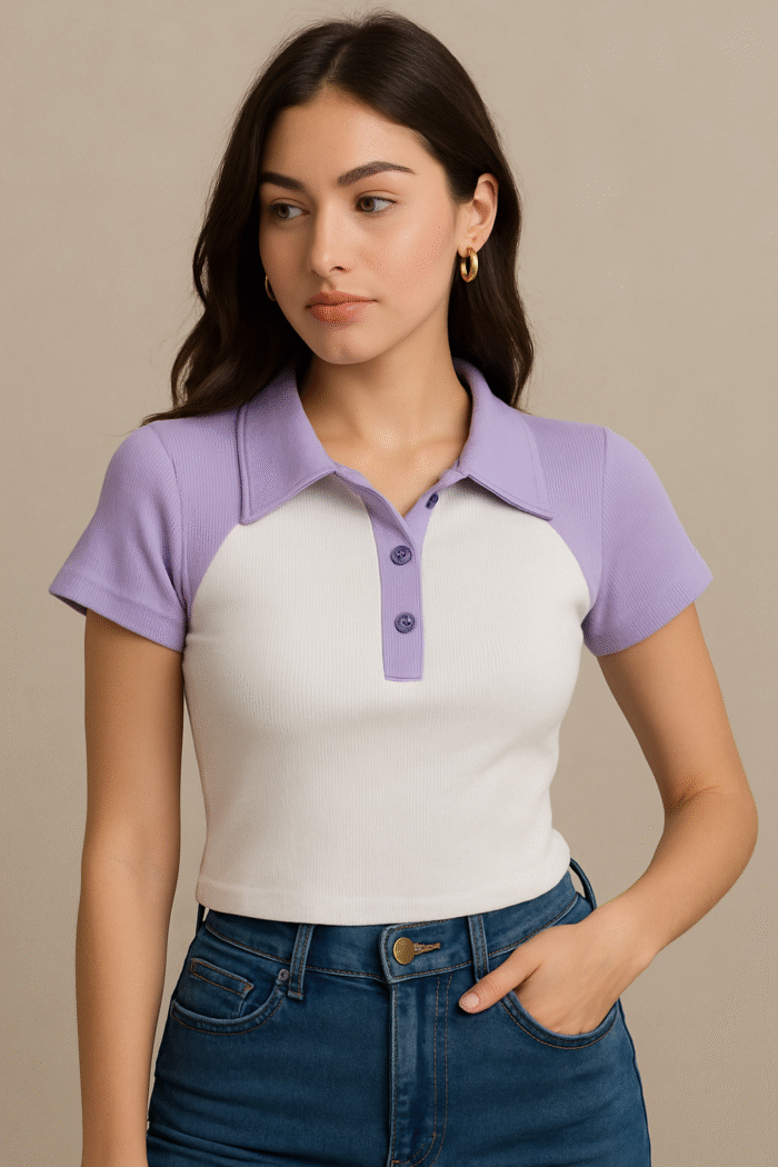 Women’s Contrast collor t-shirt  Polo Neck Croptop – Trendy Short Sleeve Crop Top - Image 3