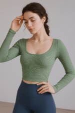 Green Ribbed Backless Crop Top for Women – Long Sleeve Square-Neck Stylish Tee