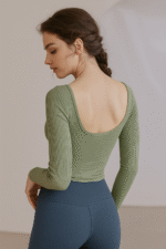 Green Ribbed Backless Crop Top for Women – Long Sleeve Square-Neck Stylish Tee