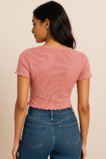Red Ribbed 5-Button Women’s Crop Top – Short Sleeve, 2×2 Rib Polyester-Cotton Blend