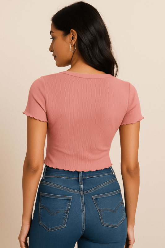 Red Ribbed 5-Button Women’s Crop Top – Short Sleeve, 2×2 Rib Polyester-Cotton Blend