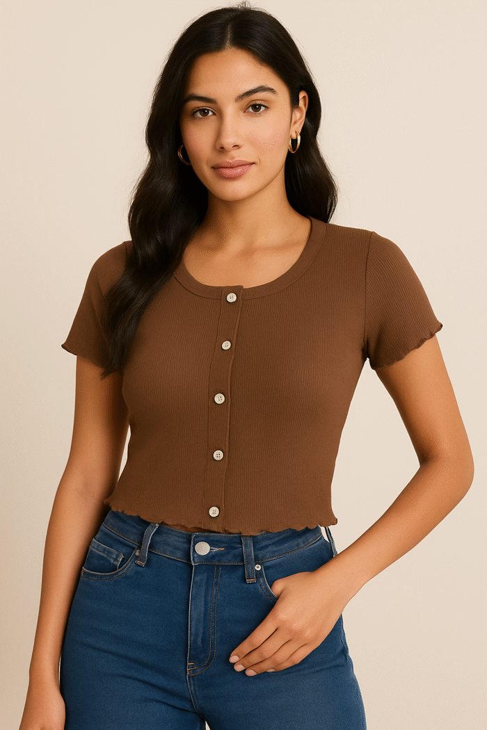 Red Ribbed 5-Button Women’s Crop Top – Short Sleeve, 2×2 Rib Polyester-Cotton Blend