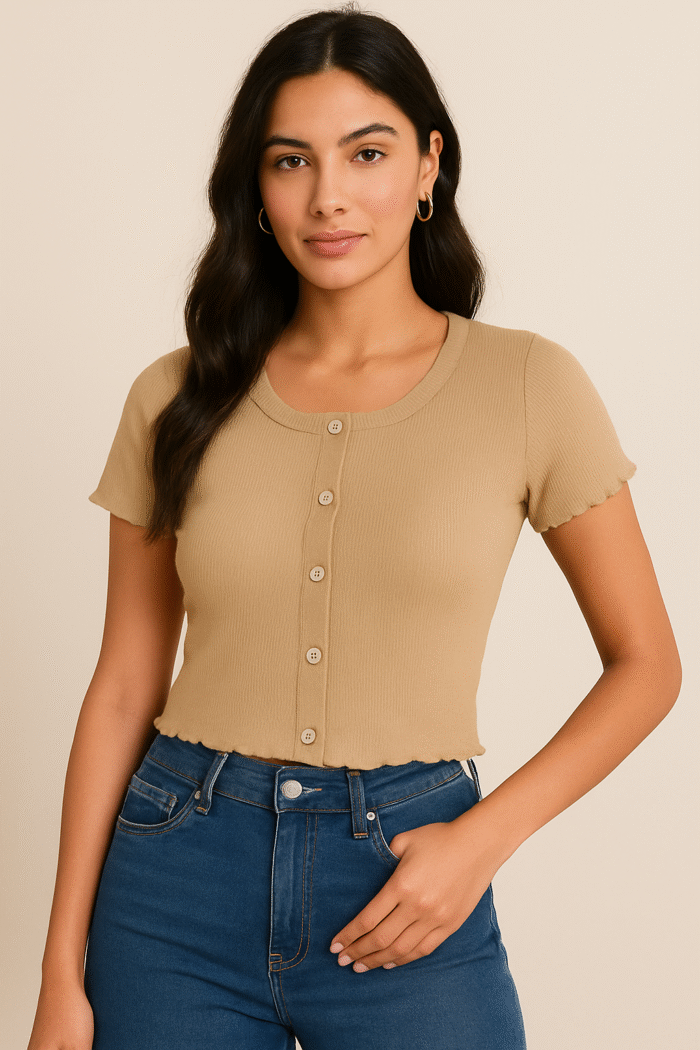Red Ribbed 5-Button Women’s Crop Top – Short Sleeve, 2×2 Rib Polyester-Cotton Blend