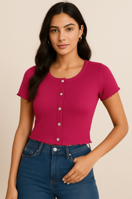 Red Ribbed 5-Button Women’s Crop Top – Short Sleeve, 2×2 Rib Polyester-Cotton Blend