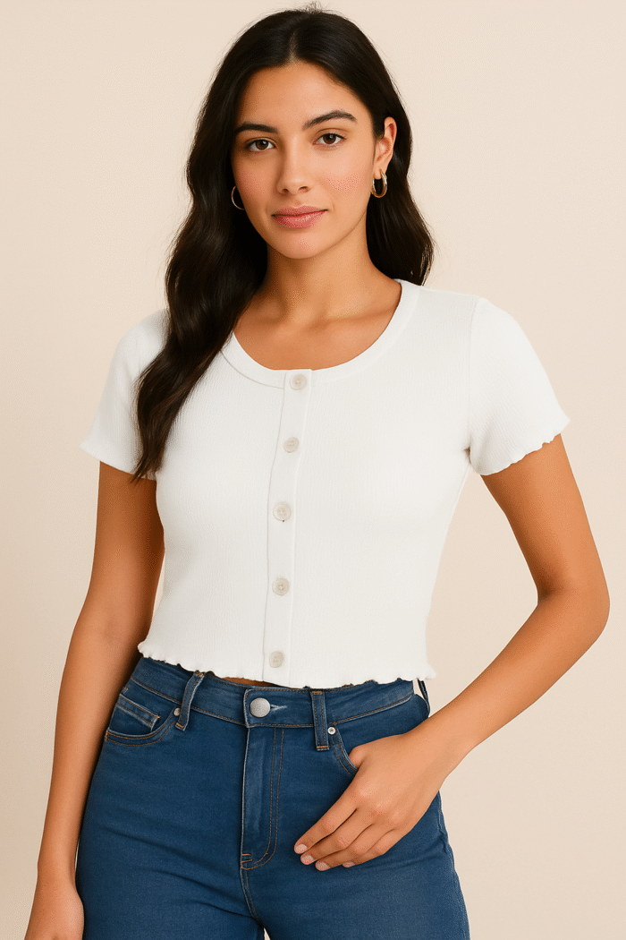 Red Ribbed 5-Button Women’s Crop Top – Short Sleeve, 2×2 Rib Polyester-Cotton Blend