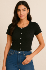 Button Women’s Crop Top – Short Sleeve, 2×2 Rib Polyester-Cotton Blend - Image 6